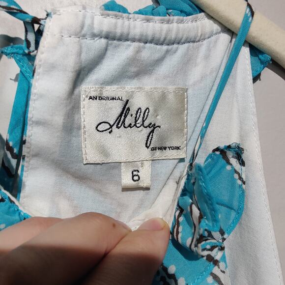 Milly of New York Women's Sz 6 Blue Cotton Halter Sheath Dress Ruffle Neck - Picture 3 of 10